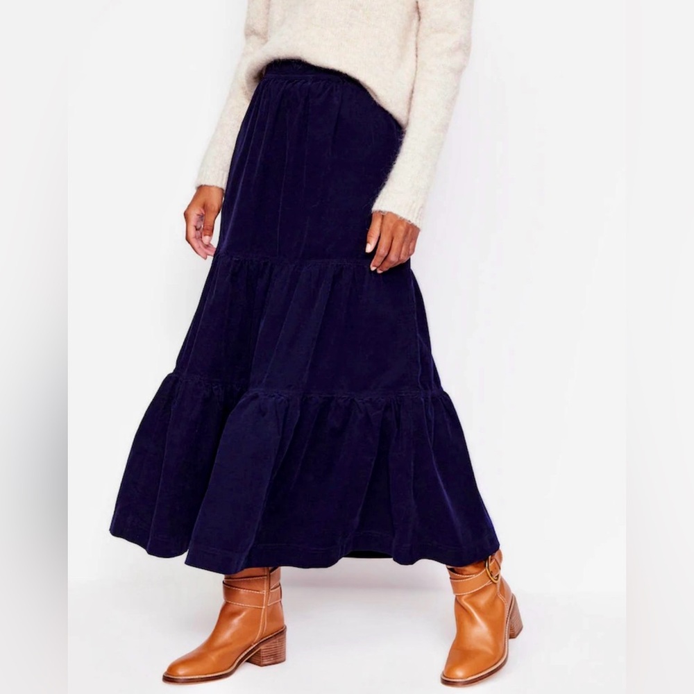 Boden Navy Tiered Midi Skirt